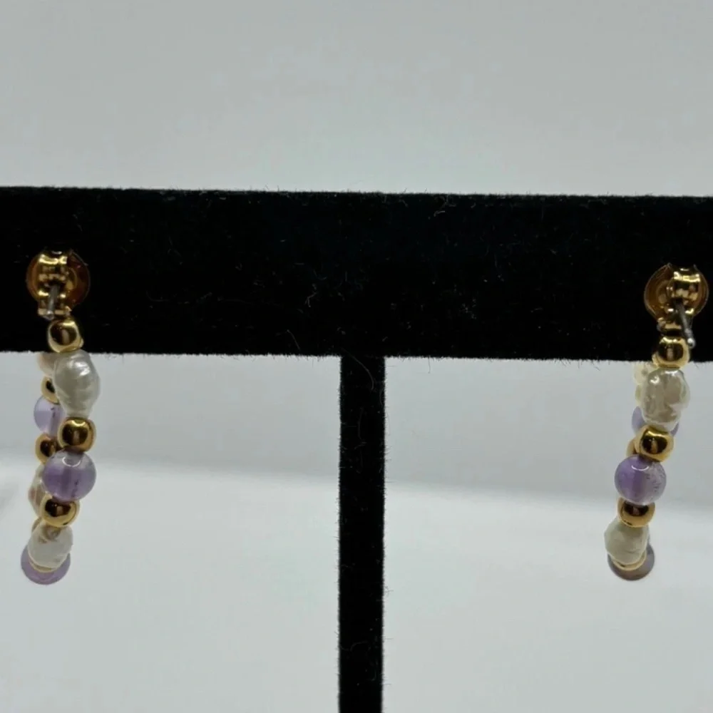 Boho Chic Gold Hoop Earrings with Amethyst & Pearls - Picture 4 of 7